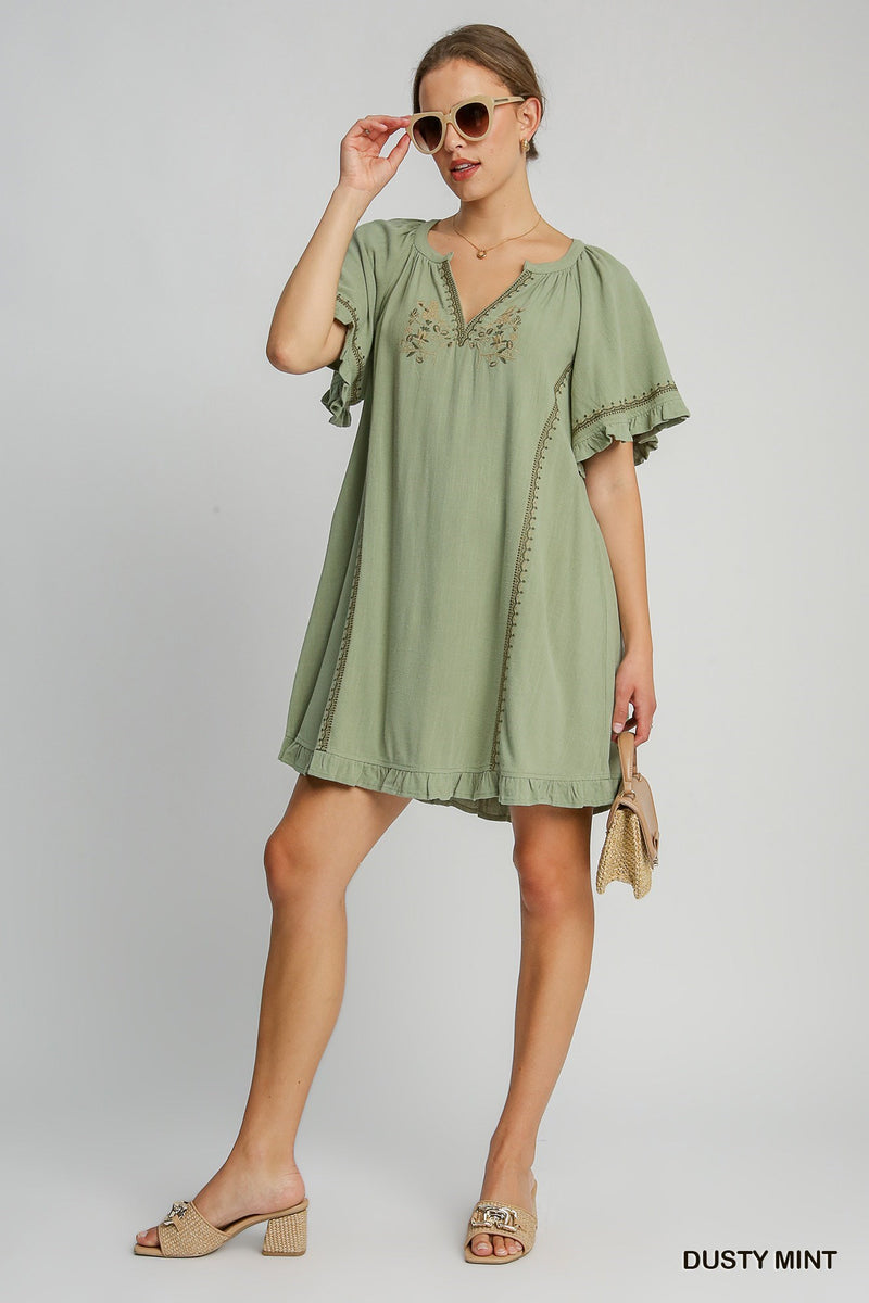 Linen Peasant Mini Dress with Embroidery - Dusty Mint