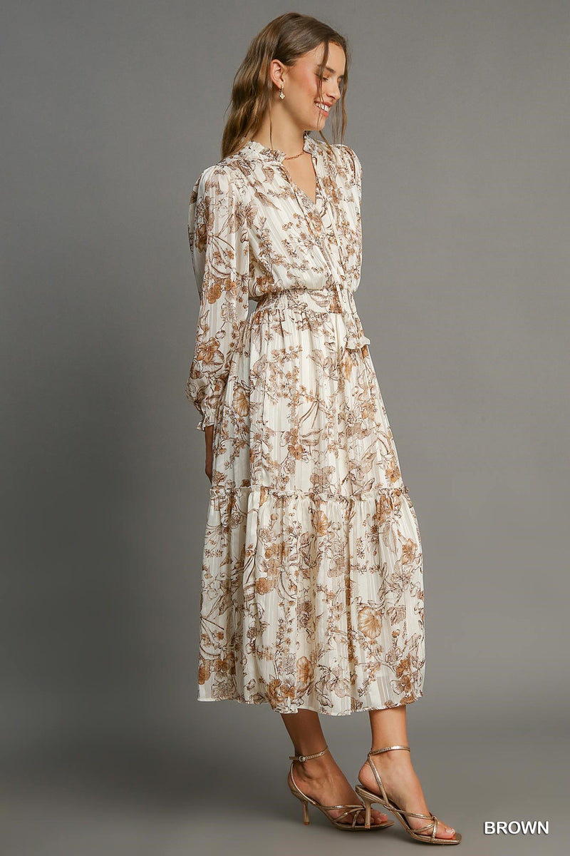 Lurex Floral Print Midi Dress - Brown