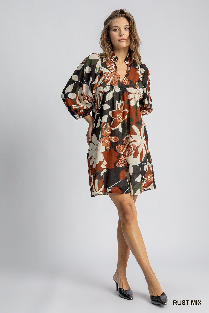 Floral Print Dress - Rust Mix