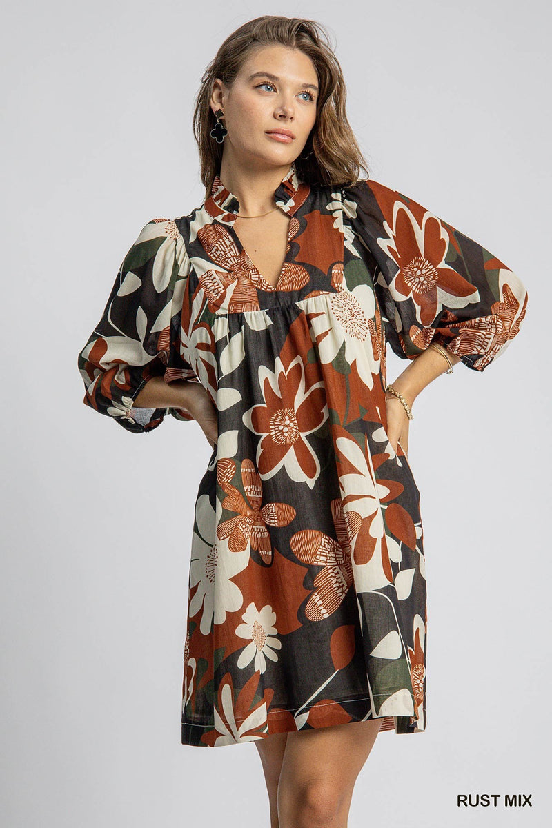 Floral Print Dress - Rust Mix