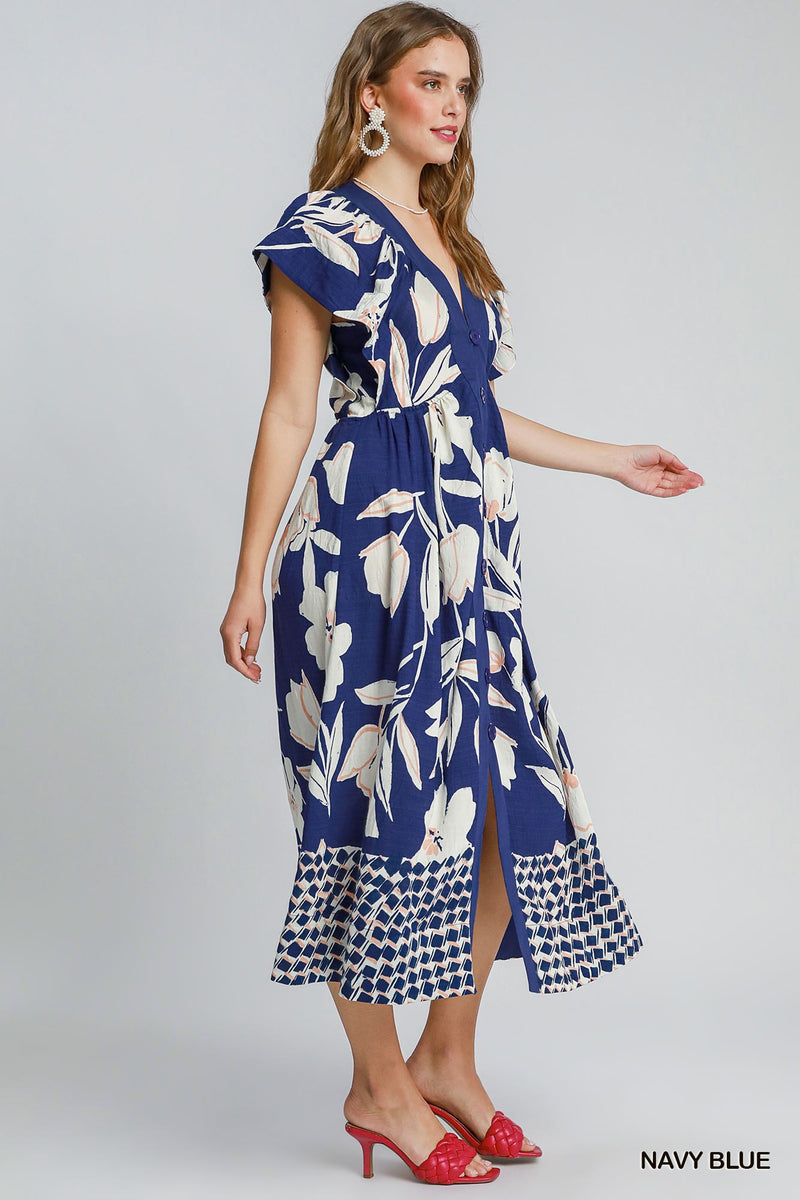 Abstract Floral Print Midi Dress - Navy