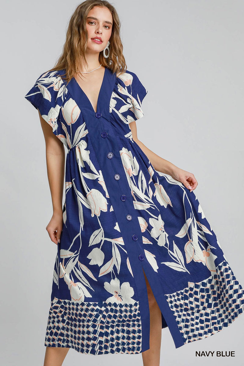 Abstract Floral Print Midi Dress - Navy