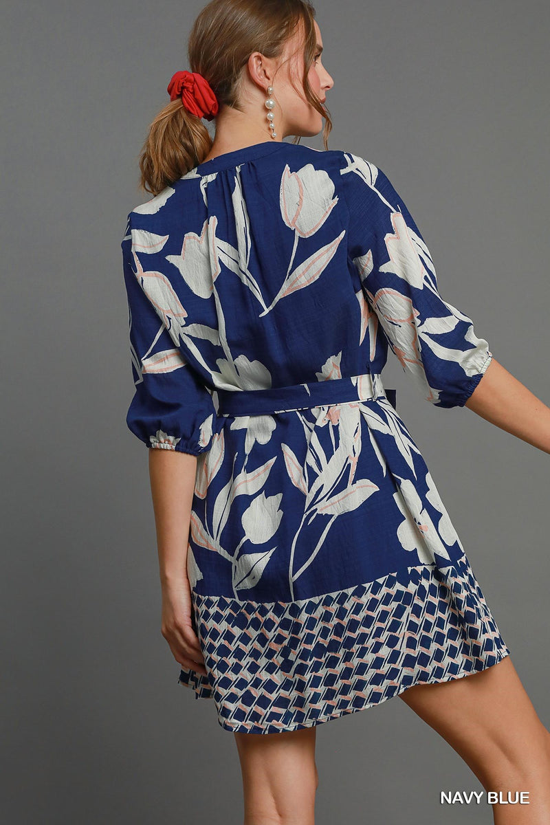 Floral Printed Belted Mini Dress - Navy