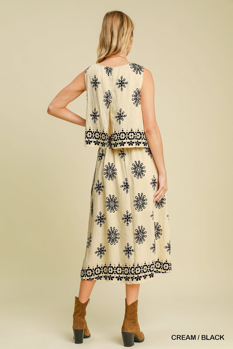 Border Print Double Layered Midi Dress - Cream/Black