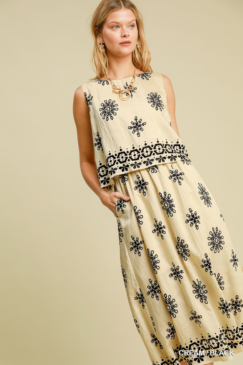 Border Print Double Layered Midi Dress - Cream/Black