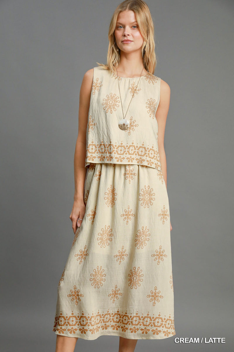 Border Print Double Layered Midi Dress - Cream/Latte