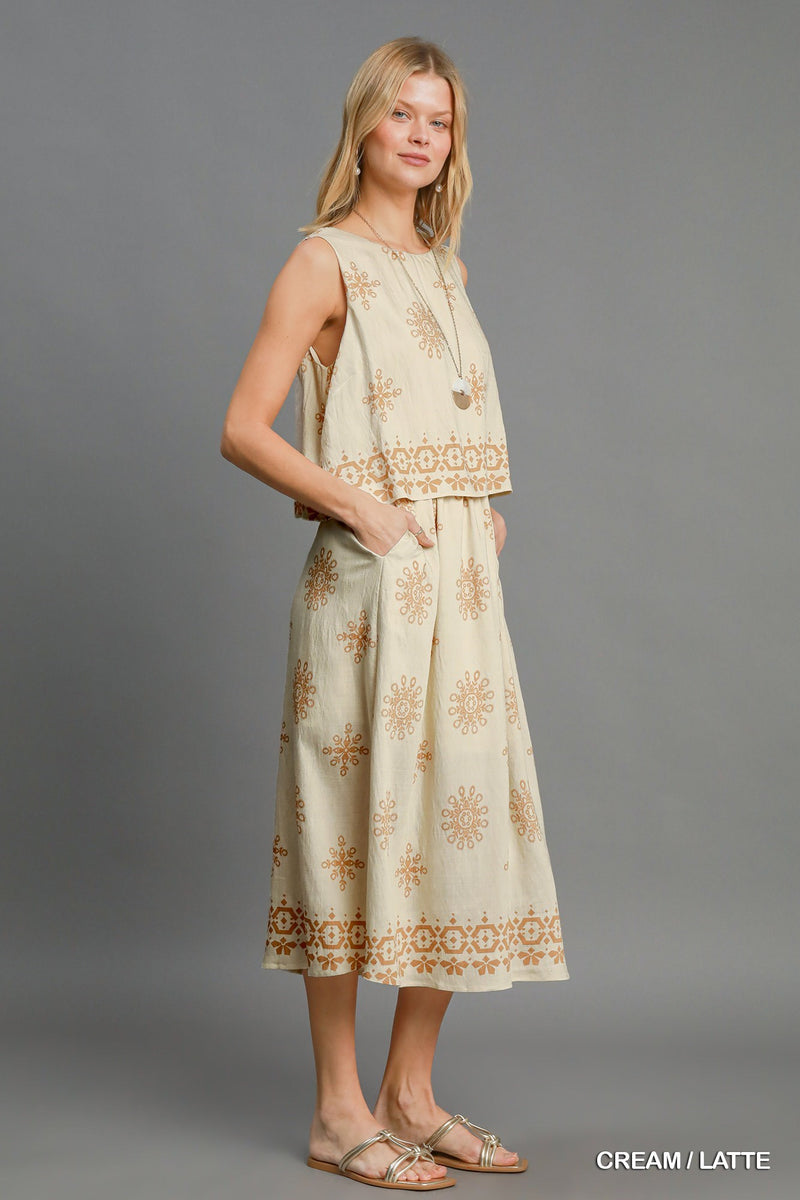 Border Print Double Layered Midi Dress - Cream/Latte