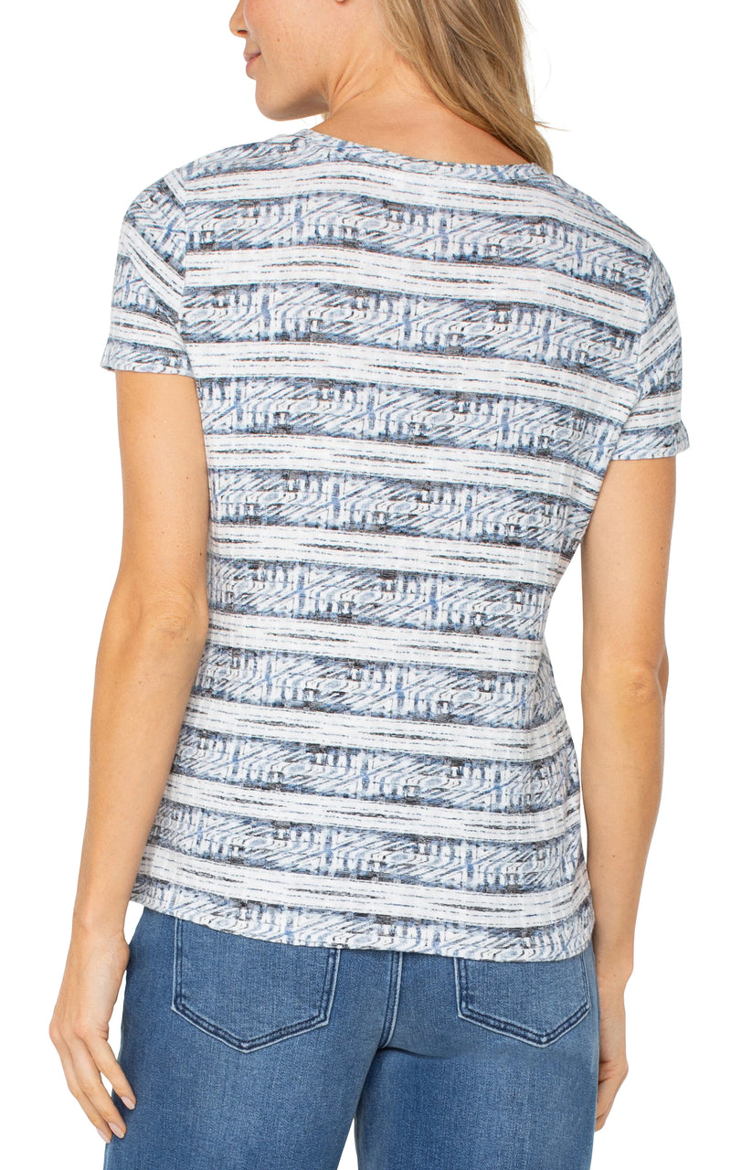 Liverpool Short Sleeve Knit Top With Miter - Indigo Ikat Stripe