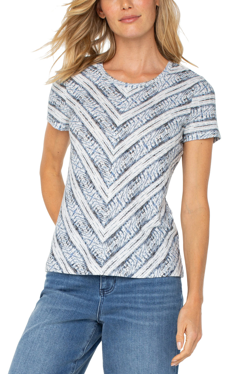 Liverpool Short Sleeve Knit Top With Miter - Indigo Ikat Stripe