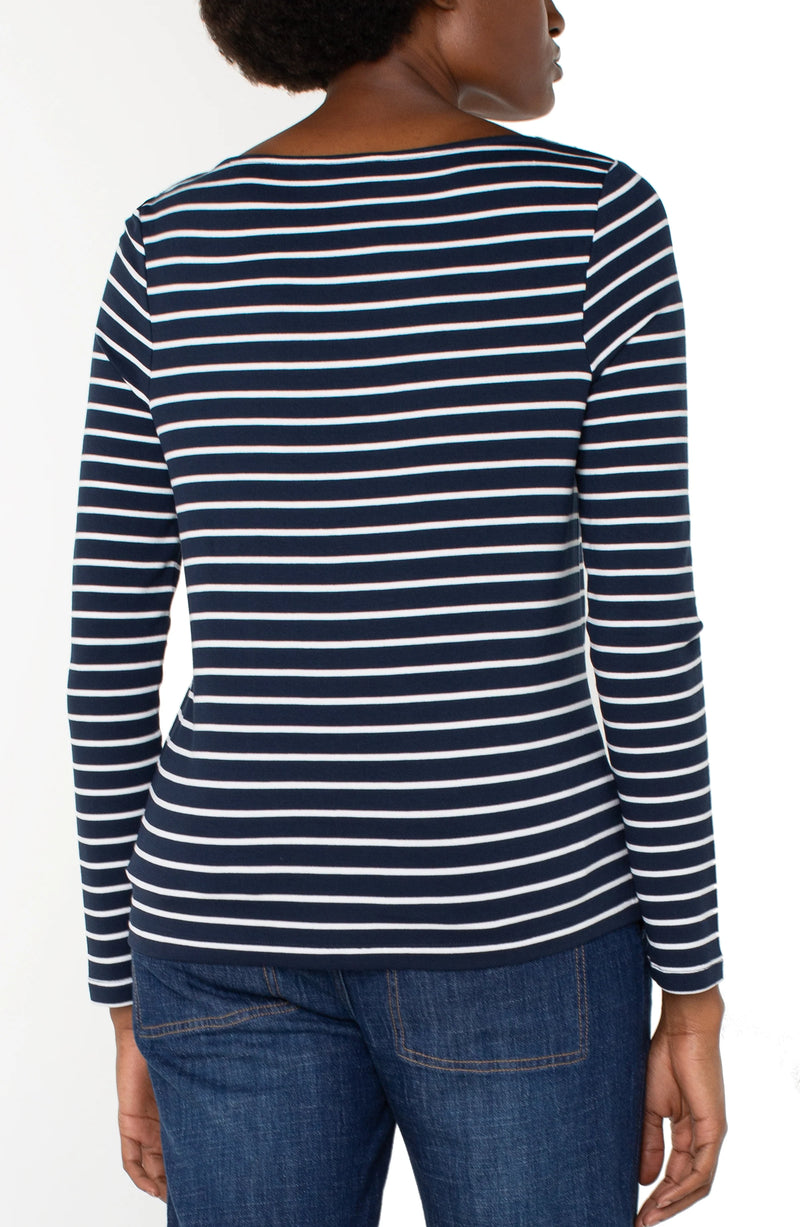 Liverpool Long Sleeve Boatneck Knit Top - Navy & White
