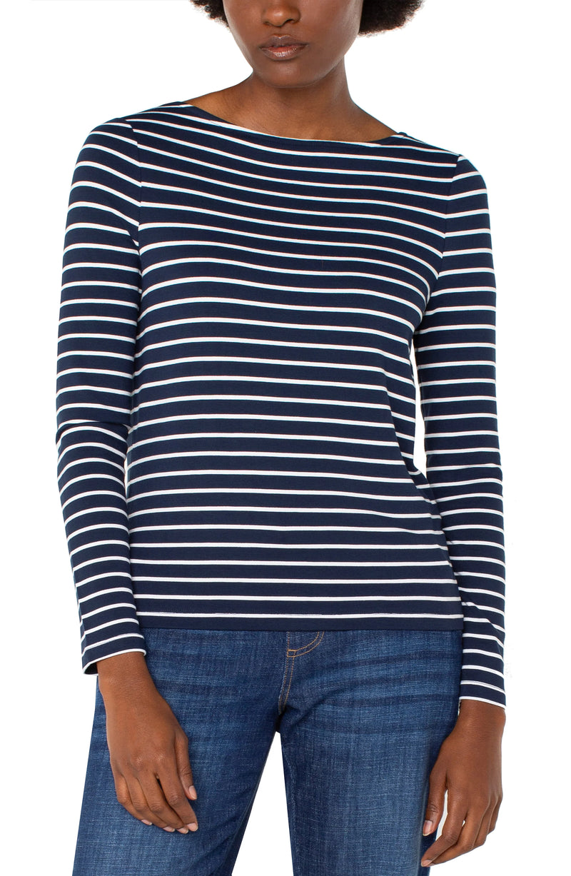 Liverpool Long Sleeve Boatneck Knit Top - Navy & White