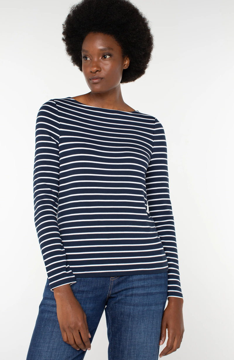 Liverpool Long Sleeve Boatneck Knit Top - Navy & White