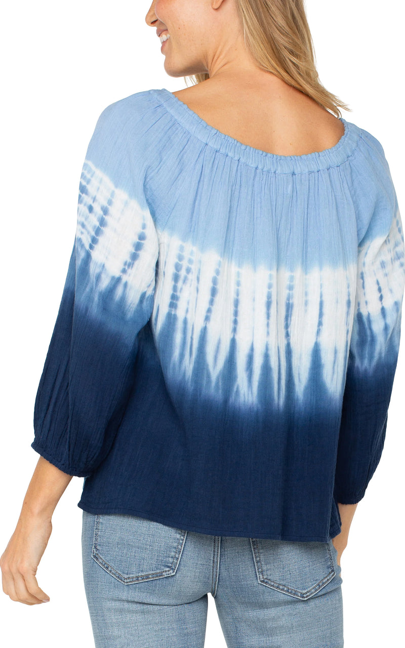 FINAL SALE Liverpool 3/4 FINAL SALE Sleeve Boat Neck Woven Top - Blue White Tie Dye