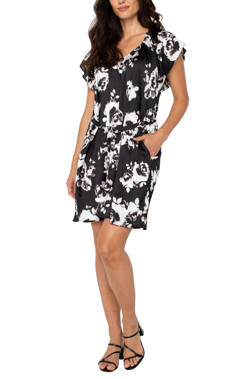 Liverpool Flutter Sleeve Dress - Black & White Floral