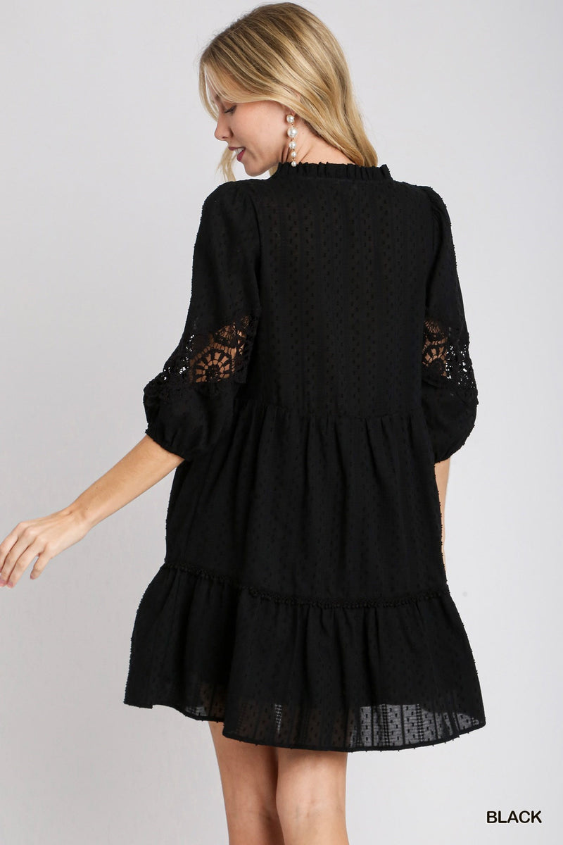 Swiss Dot & Lace Trim Dress - Black