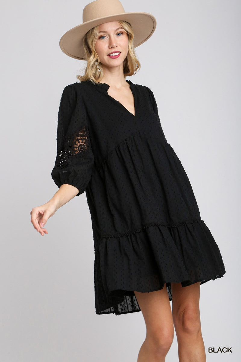 Swiss Dot & Lace Trim Dress - Black