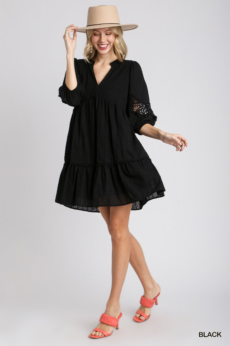 Swiss Dot & Lace Trim Dress - Black