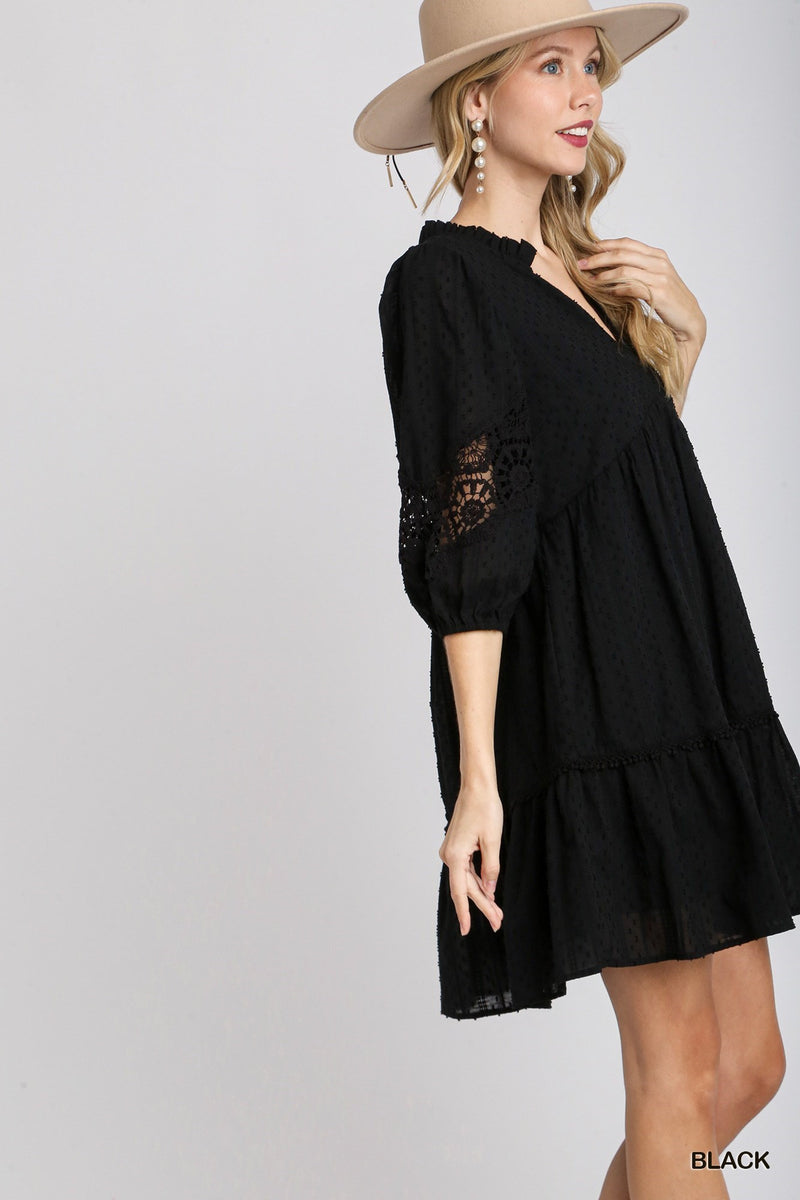 Swiss Dot & Lace Trim Dress - Black