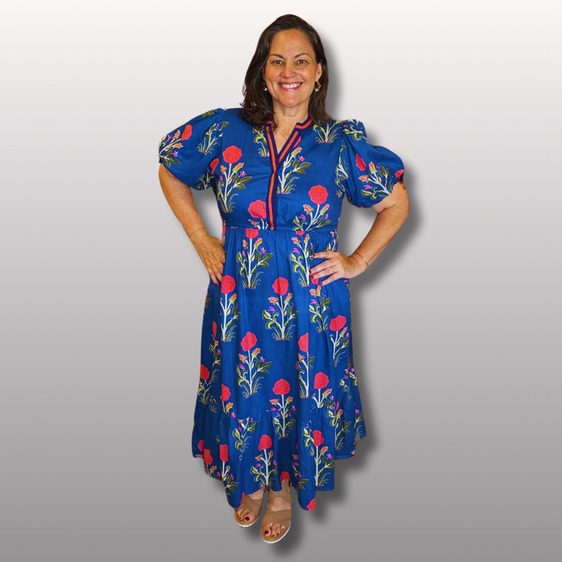 THML Blue & Shades of Pink Floral Midi Dress