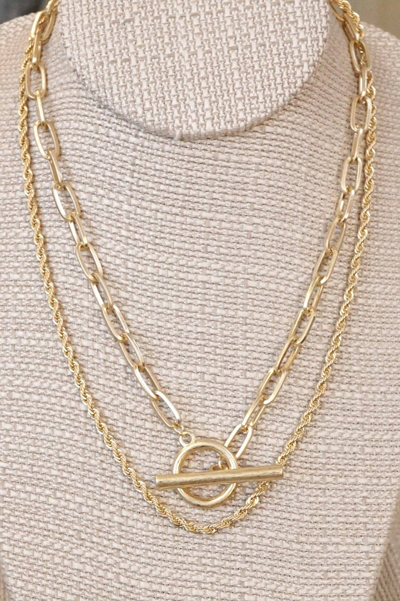 Front Toggle Closure Necklace Multi Layer Chain in Gold tone