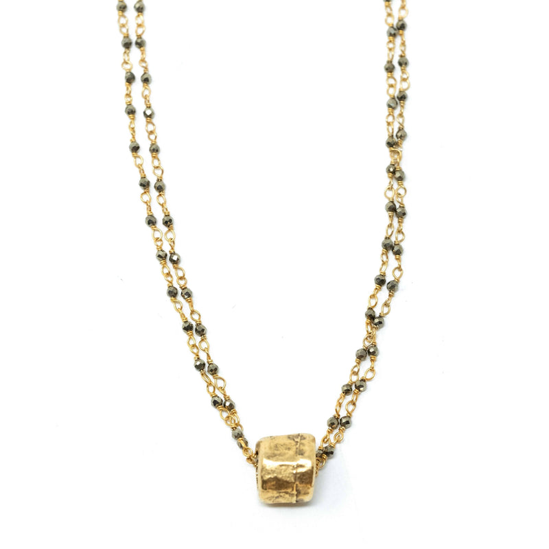 Erin Gray Small Gold Barrel on Double Pyrite Necklace