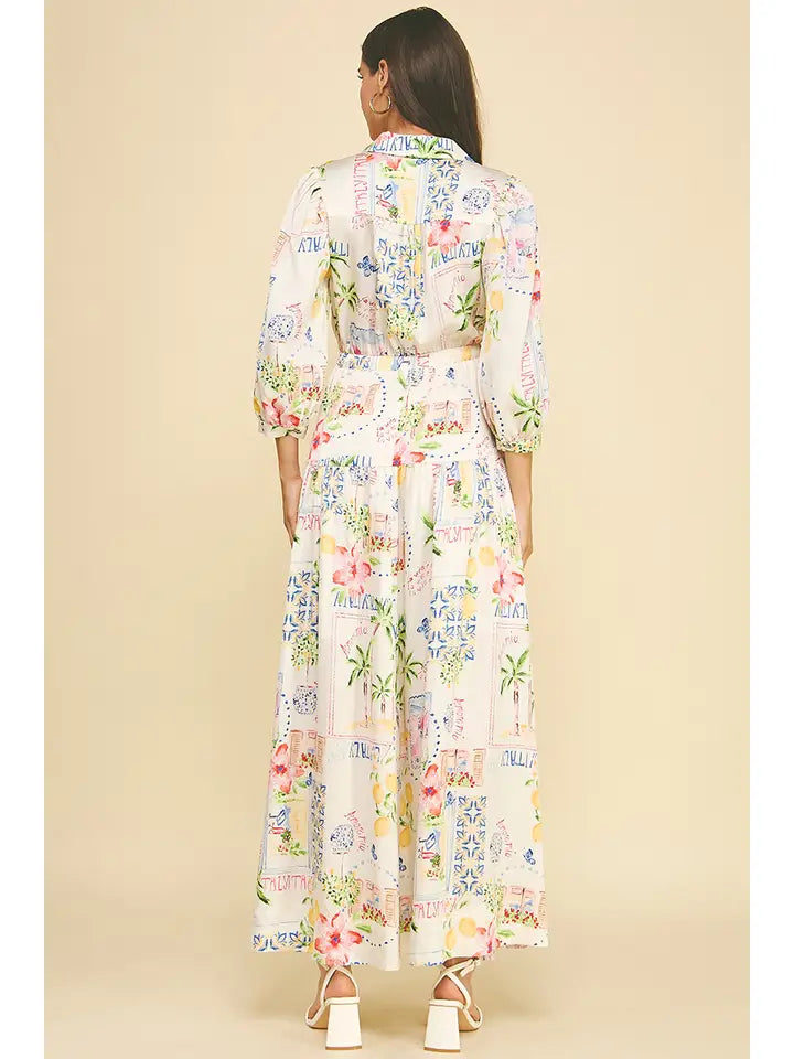 Print Button Down Maxi Dress - Cream Multi