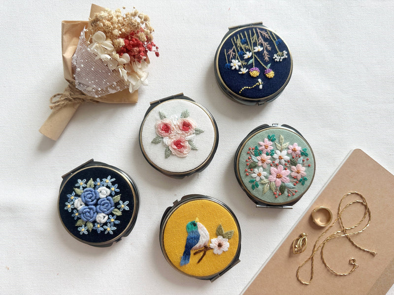 Floral Embroidered Round Jewelry Box (or Pill Box) With MirrorSuccess
