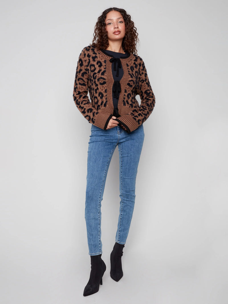 Charlie B Bow Tie Jacquard Knit Cardigan - Animal