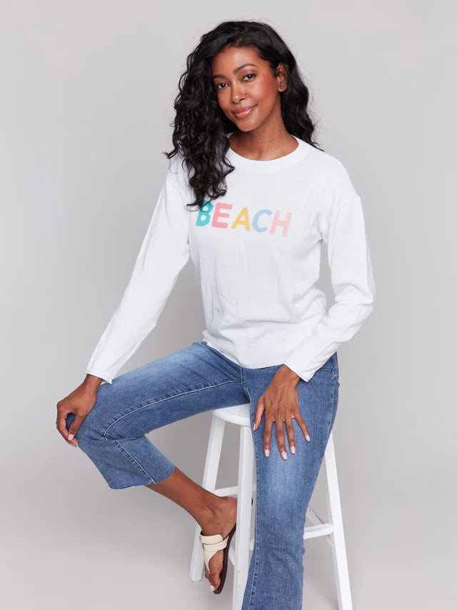 Charlie B Cotton Knit Sweater with Beach Print - White