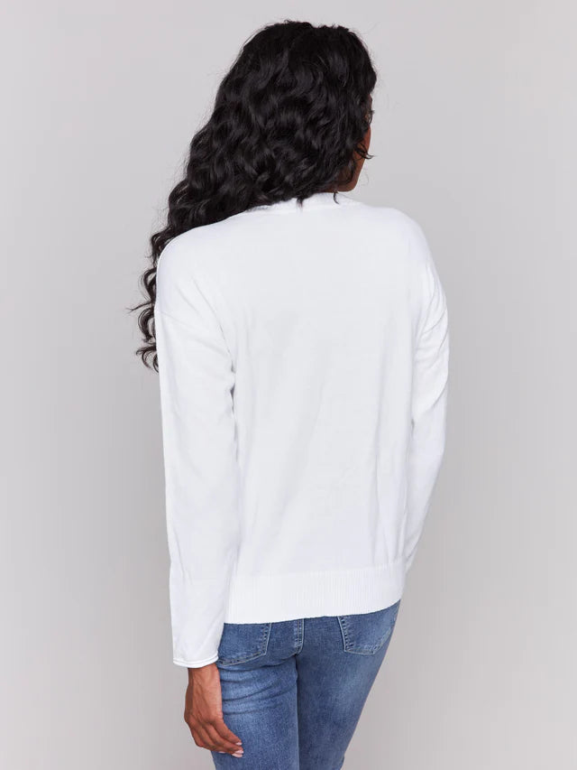 Charlie B Cotton Knit Sweater with Beach Print - White
