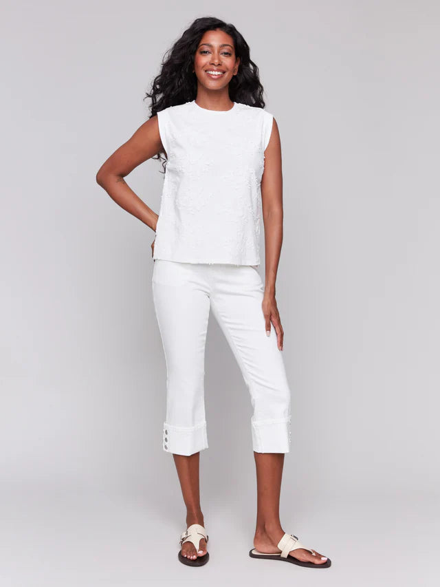 Charlie B Floral Embroidered Sleeveless Cotton Top - White