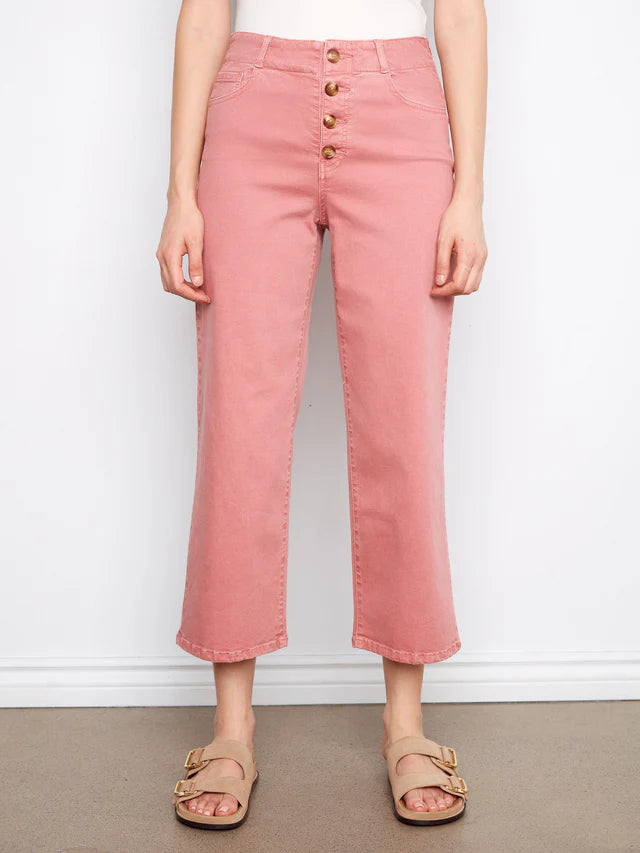 Charlie B Front Button-Fly Crop Twill Pants - Carnation