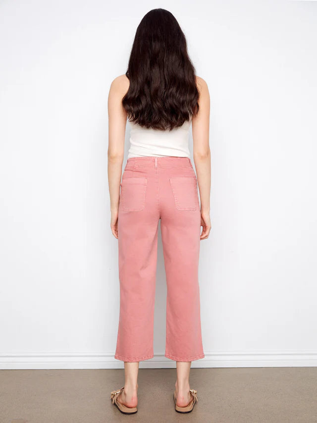 Charlie B Front Button-Fly Crop Twill Pants - Carnation