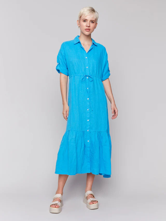 Charlie B Linen Blend Button-Front Maxi Shirt Dress - Lagoon