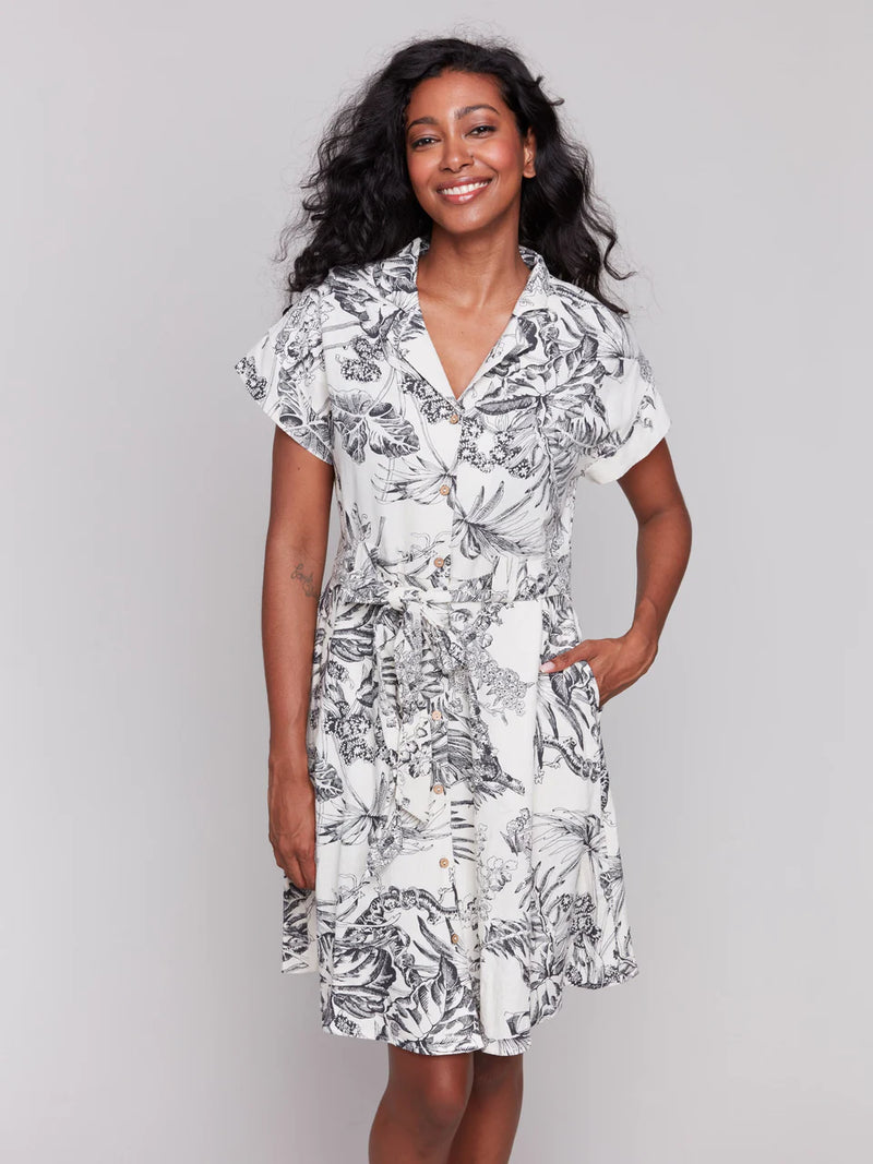 Charlie B Linen Blend Short Sleeve Button-Front Dress - Black & Cream