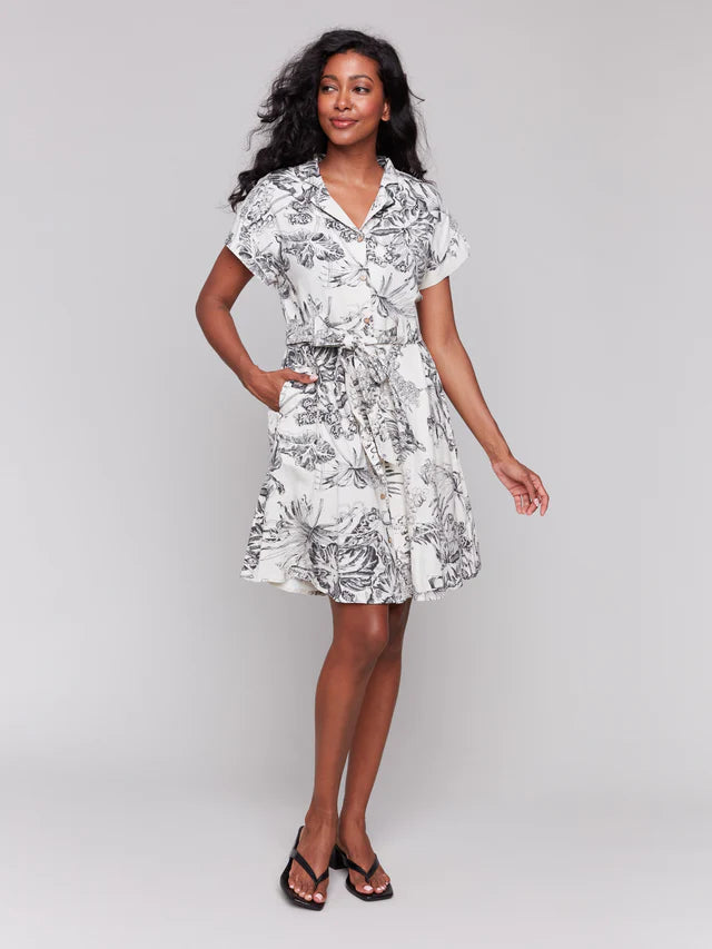 Charlie B Linen Blend Short Sleeve Button-Front Dress - Black & Cream