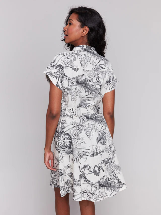 Charlie B Linen Blend Short Sleeve Button-Front Dress - Black & Cream