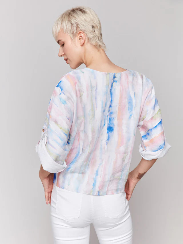 Charlie B Printed 3/4 Sleeve Top with Front Tie - Watercolor