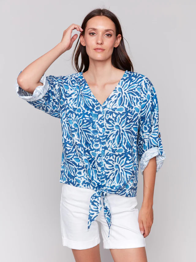 FINAL SALE Charlie B Printed 3/4 Sleeve Top with Front Tie - Reef