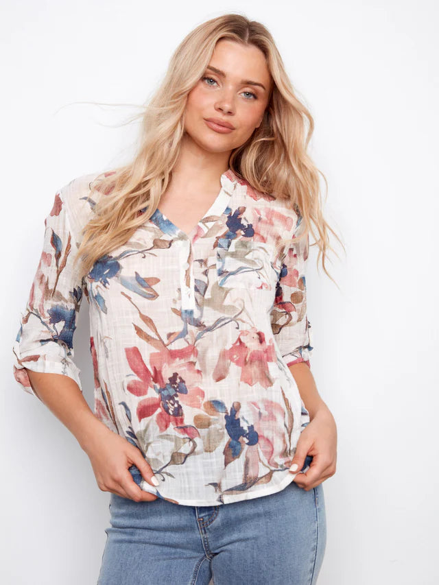 Charlie B Printed Cotton Gauze Half-Button Blouse - Artist