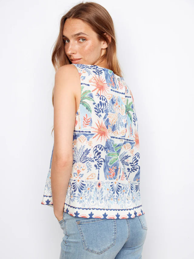 Charlie B Printed Linen Blend Blouse With Back Button Detail - Island