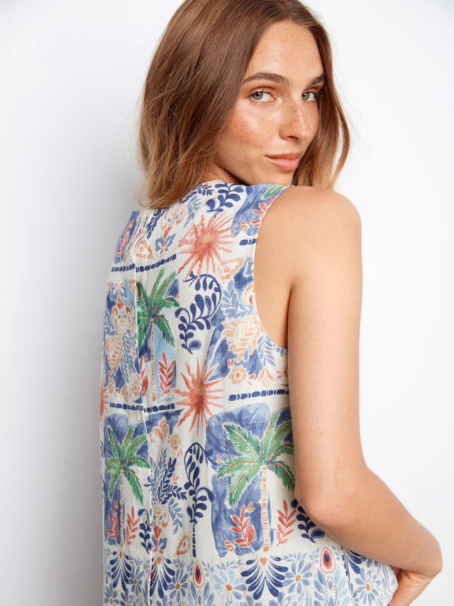 Charlie B Printed Linen Blend Blouse With Back Button Detail - Island