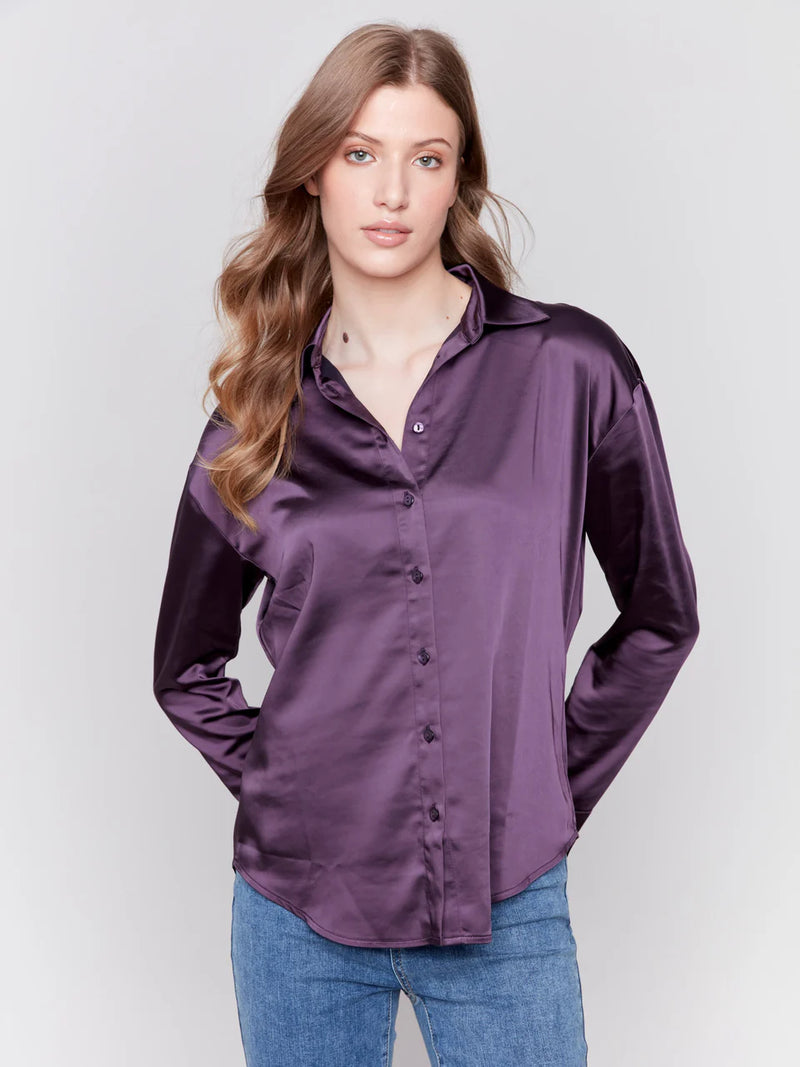 FINAL SALE Charlie B. Solid Gutsy Satin Button-Down Shirt - Plum C4489R