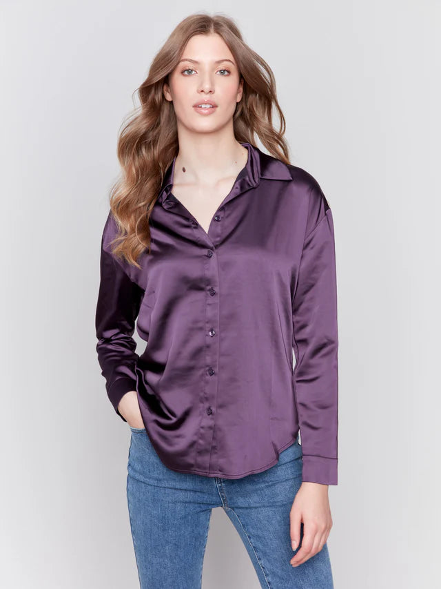 FINAL SALE Charlie B. Solid Gutsy Satin Button-Down Shirt - Plum C4489R