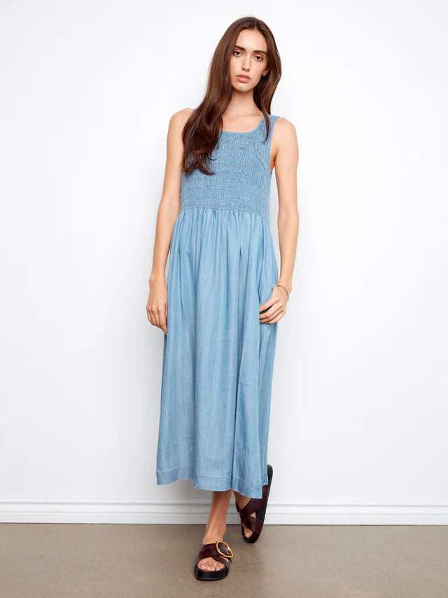 Charlie B Tencel Sleeveless Smocked Maxi Dress - Soft Blue