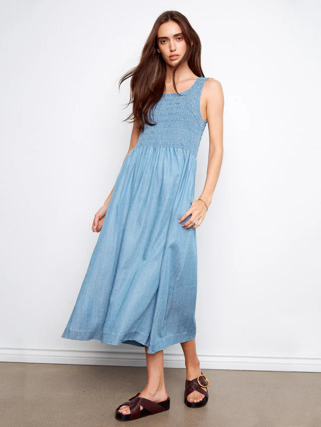 Charlie B Tencel Sleeveless Smocked Maxi Dress - Soft Blue