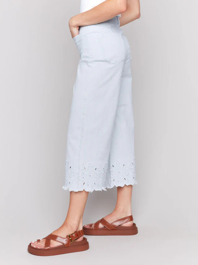 Charlie B Wide-Leg Cropped Jeans with Scallop Embroidered Hem - Stripes