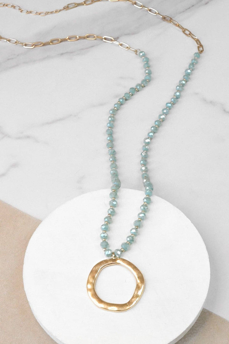 Beaded Necklace with Gold Tone Circle Pendant Aqua