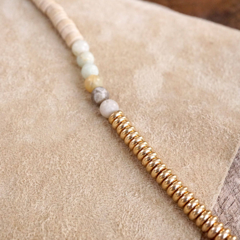 Boho Long Necklace with Wood Amazonite and Gold Tone Beads