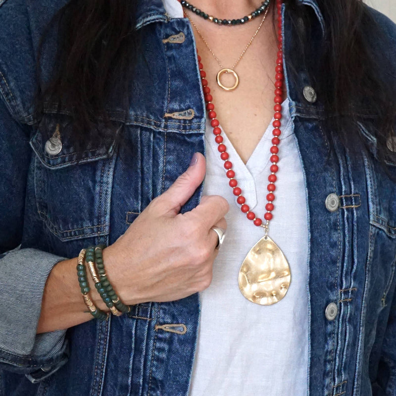 Long Wooden Bead Necklace with gold coin - Grey